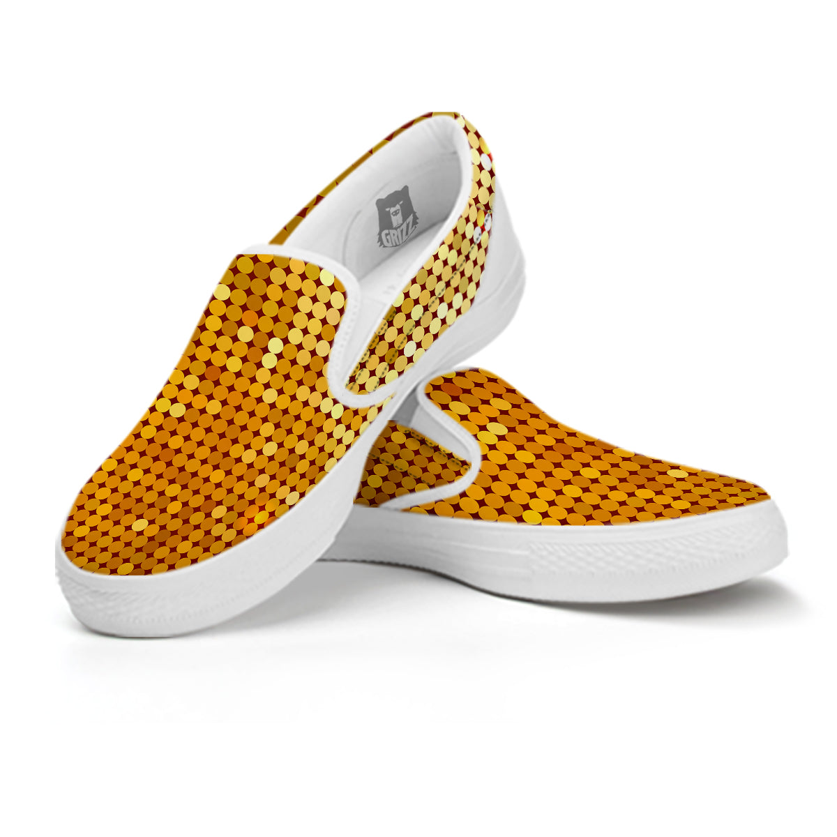 Disco Shiny Golden Texture Print White Slip On Shoes-grizzshop