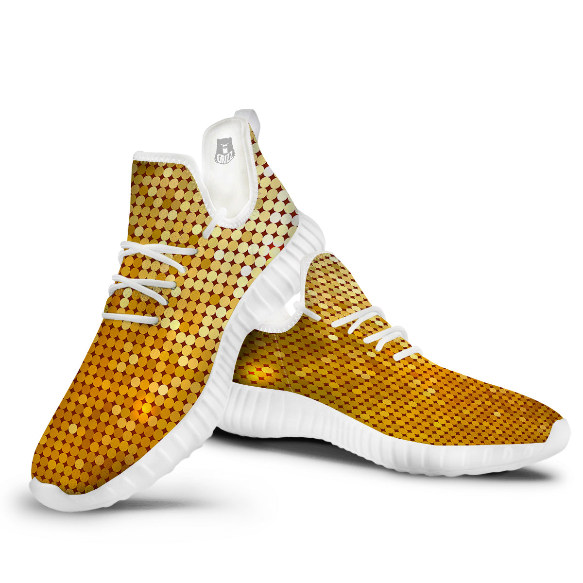 Disco Shiny Golden Texture Print White Walking Shoes-grizzshop