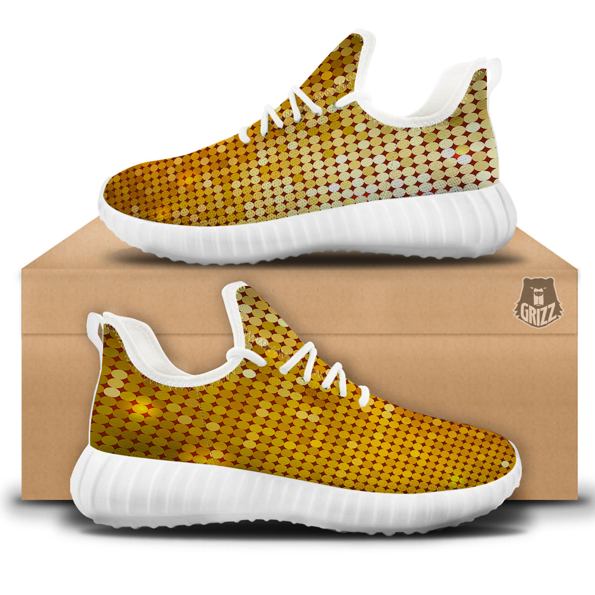 Disco Shiny Golden Texture Print White Walking Shoes-grizzshop
