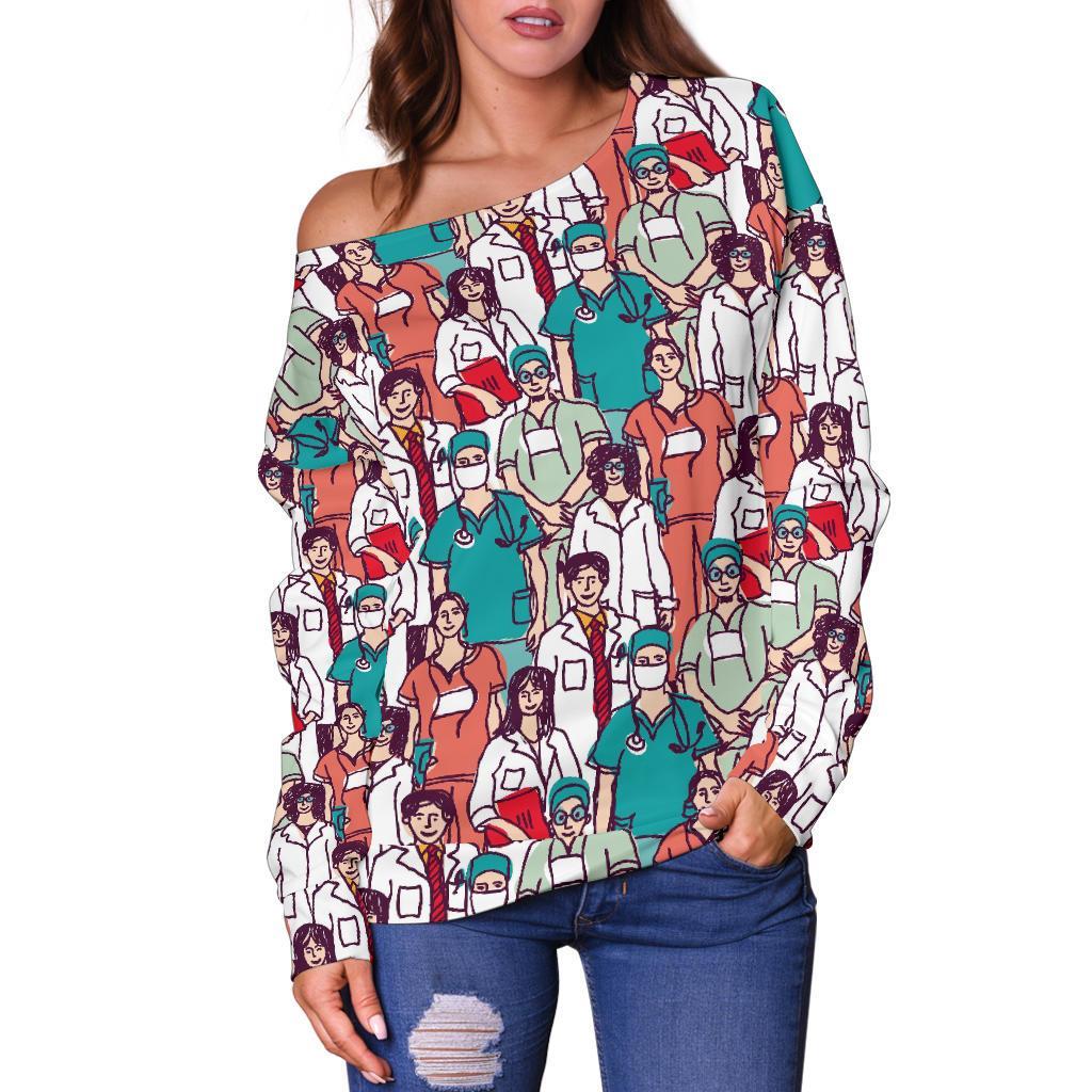 Docter Nurse Pattern Print Women Off Shoulder Sweatshirt-grizzshop