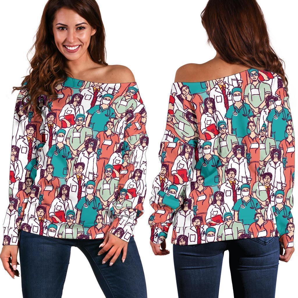 Docter Nurse Pattern Print Women Off Shoulder Sweatshirt-grizzshop