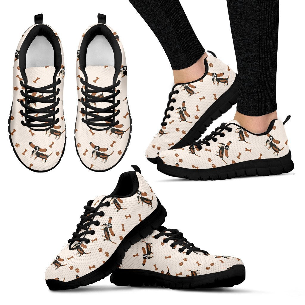 Dog Basset Hound Pattern Print Black Sneaker Shoes For Men Women-grizzshop
