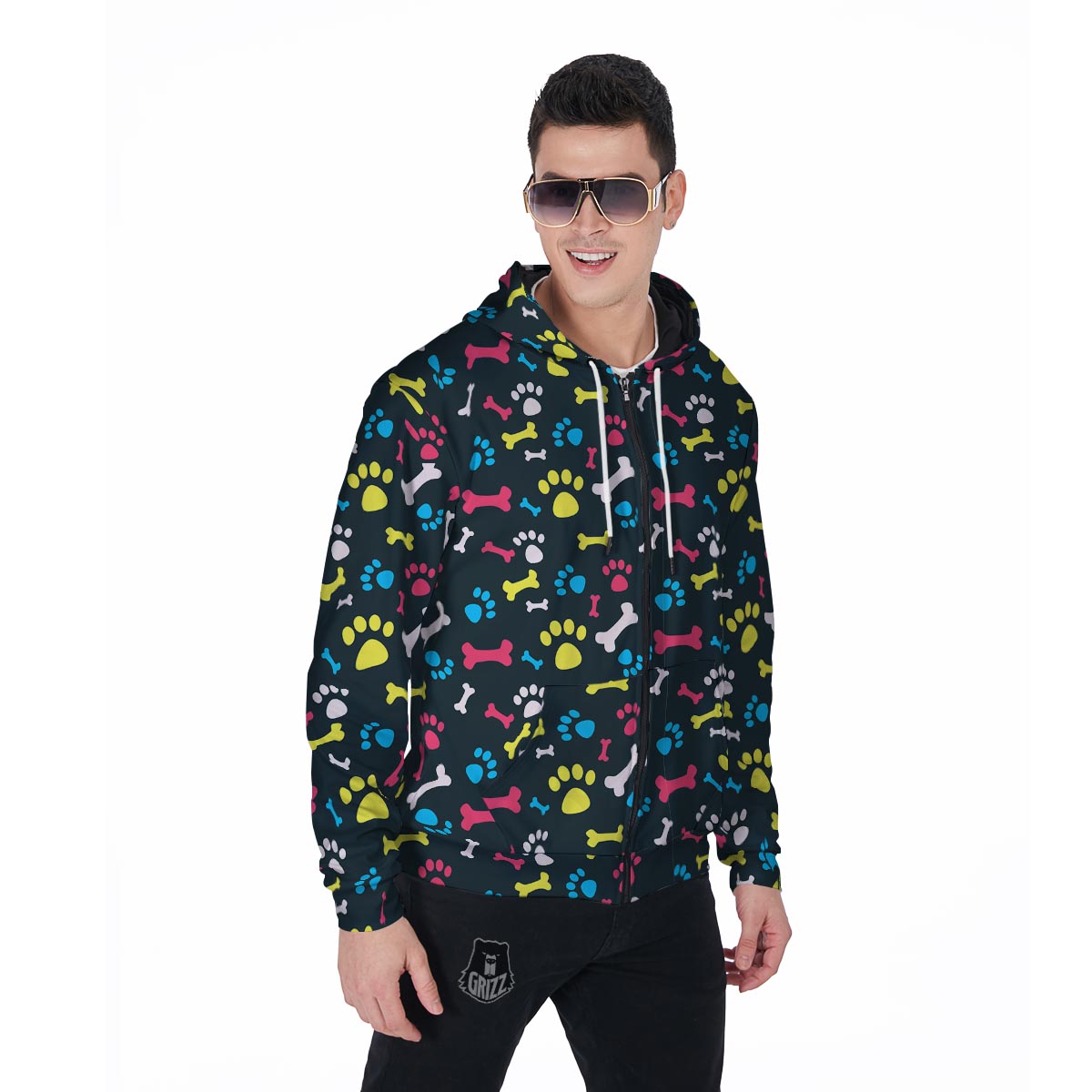 Dog Paw Print Men's Zip Up Hoodie-grizzshop
