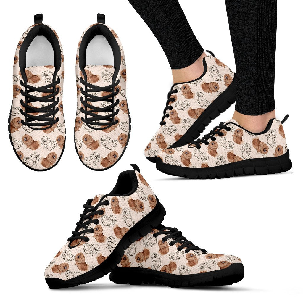 Dog Pomeranian Pattern Print Black Sneaker Shoes For Men Women-grizzshop