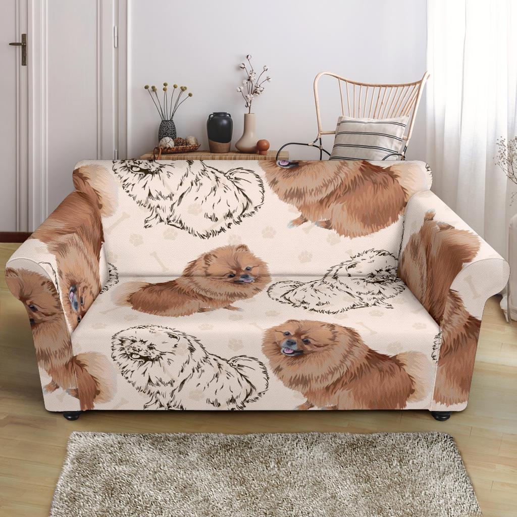 Dog Pomeranian Pattern Print Loveseat Cover-grizzshop