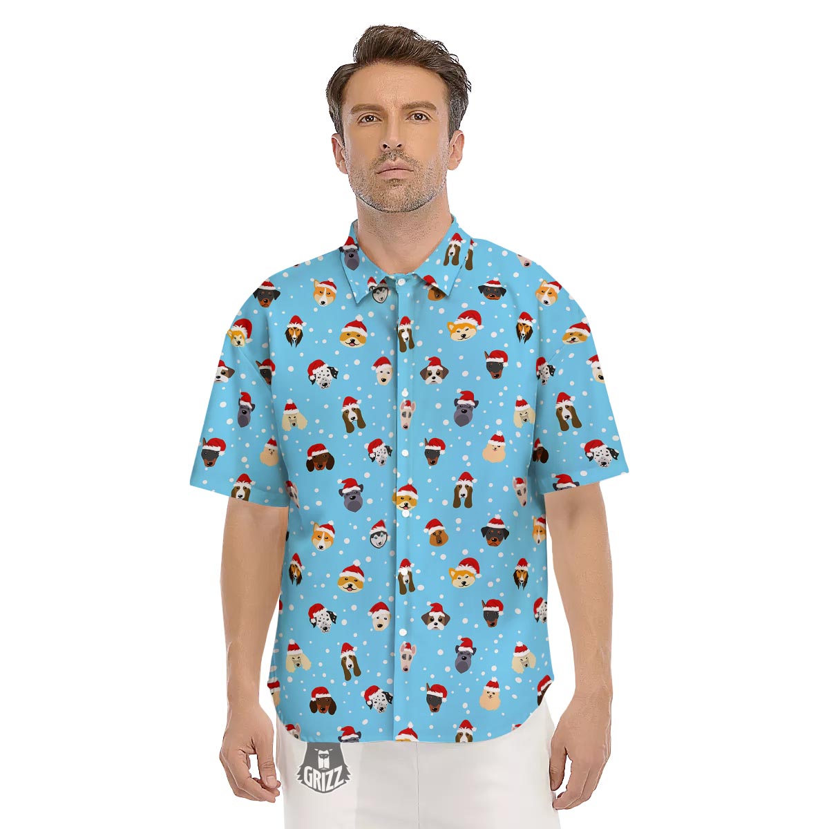 Dog Santa Print Pattern Men's Short Sleeve Shirts-grizzshop