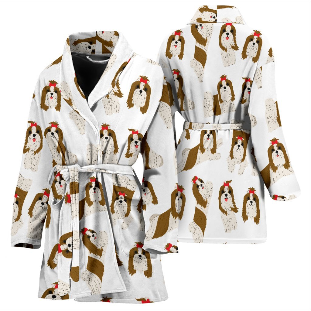 Dog Shih Tzu Pattern Print Women Long Robe-grizzshop