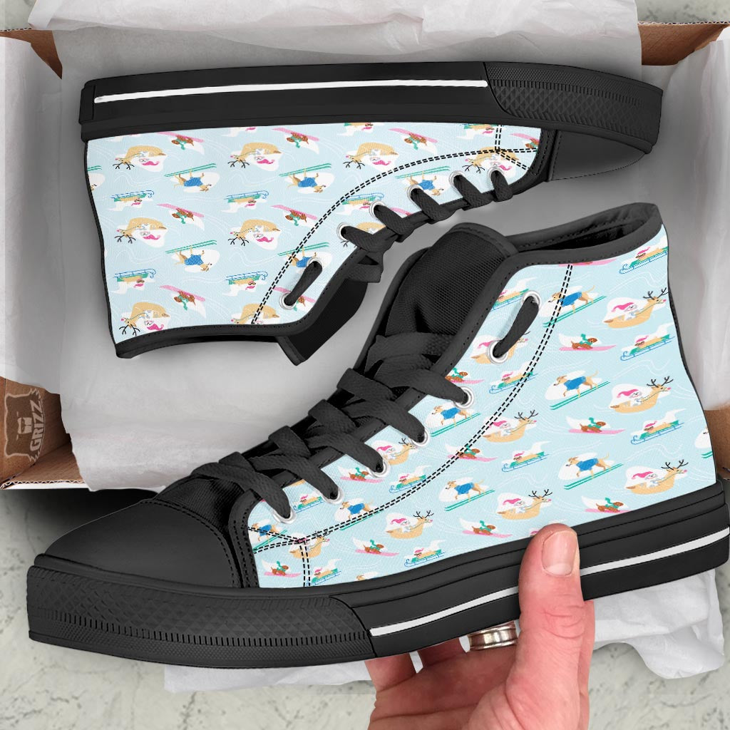 Dog Skiing Print Pattern Black High Top Shoes-grizzshop