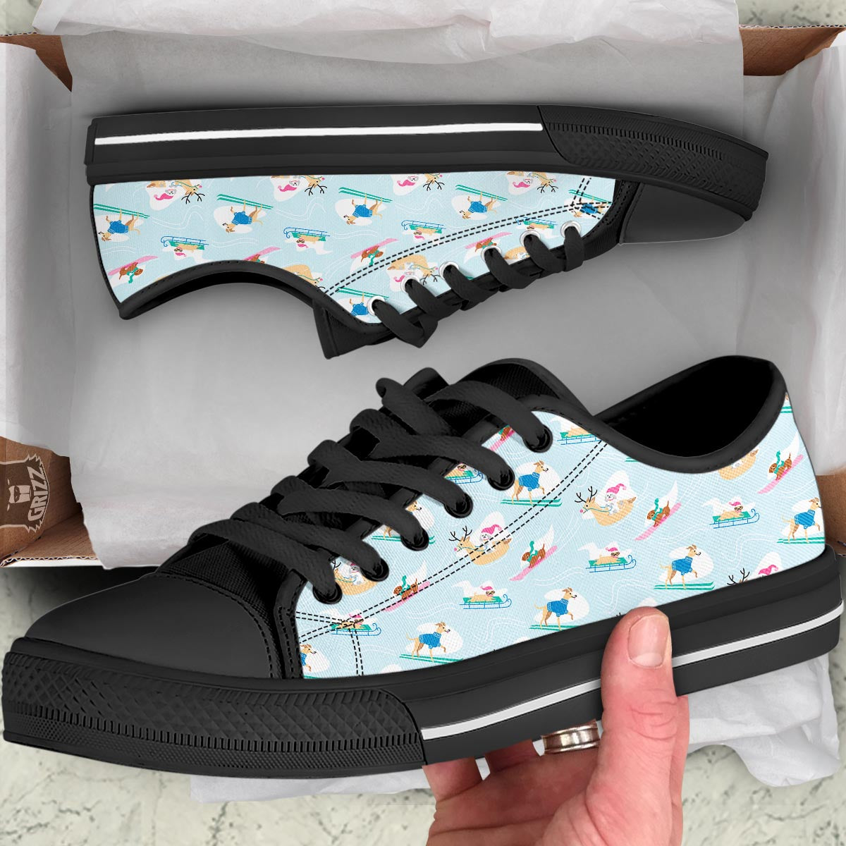 Dog Skiing Print Pattern Black Low Top Shoes-grizzshop