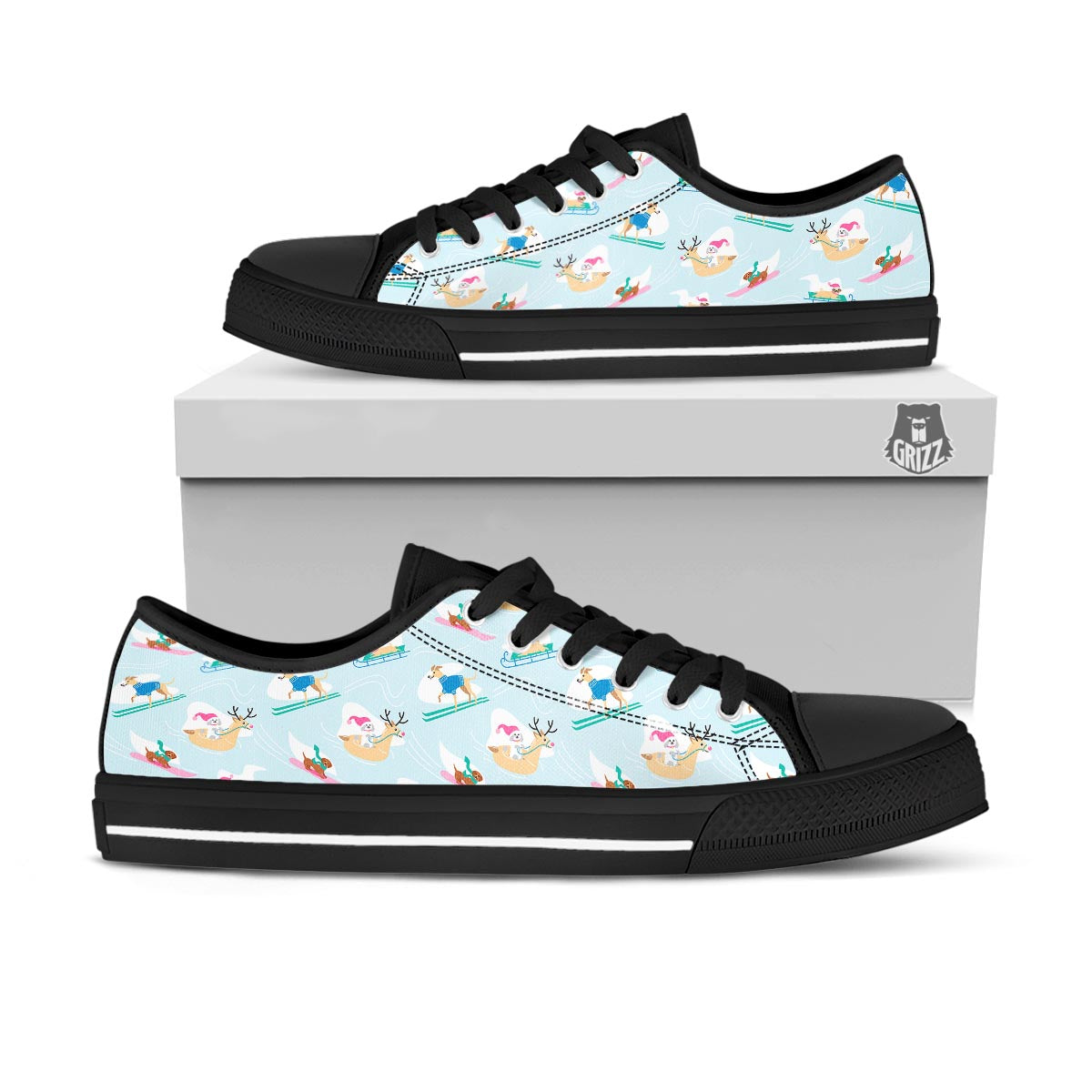 Dog Skiing Print Pattern Black Low Top Shoes-grizzshop