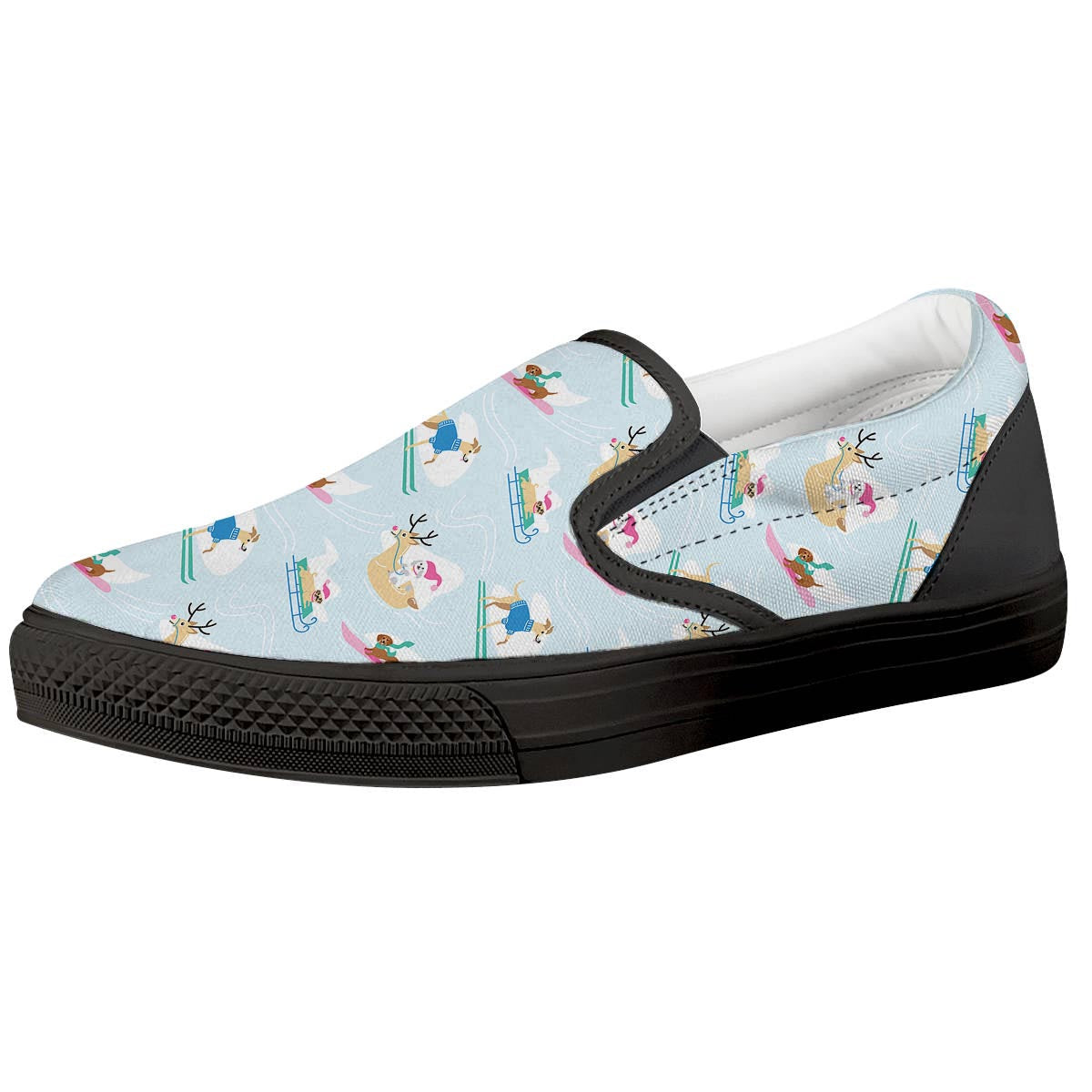 Dog Skiing Print Pattern Black Slip On Shoes-grizzshop
