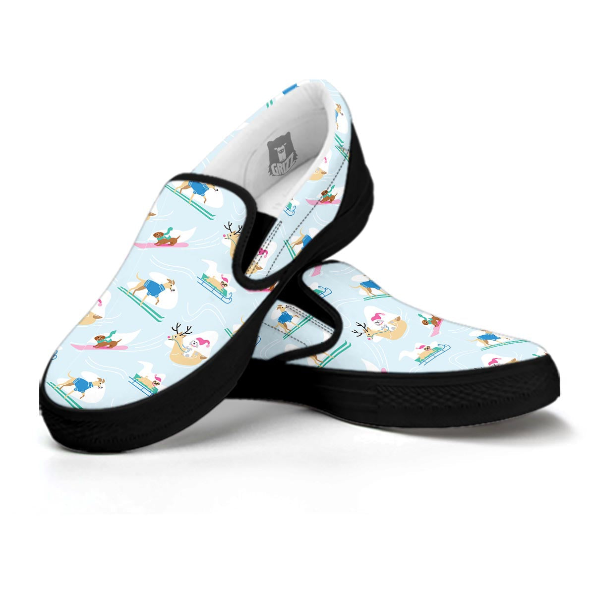 Dog Skiing Print Pattern Black Slip On Shoes-grizzshop