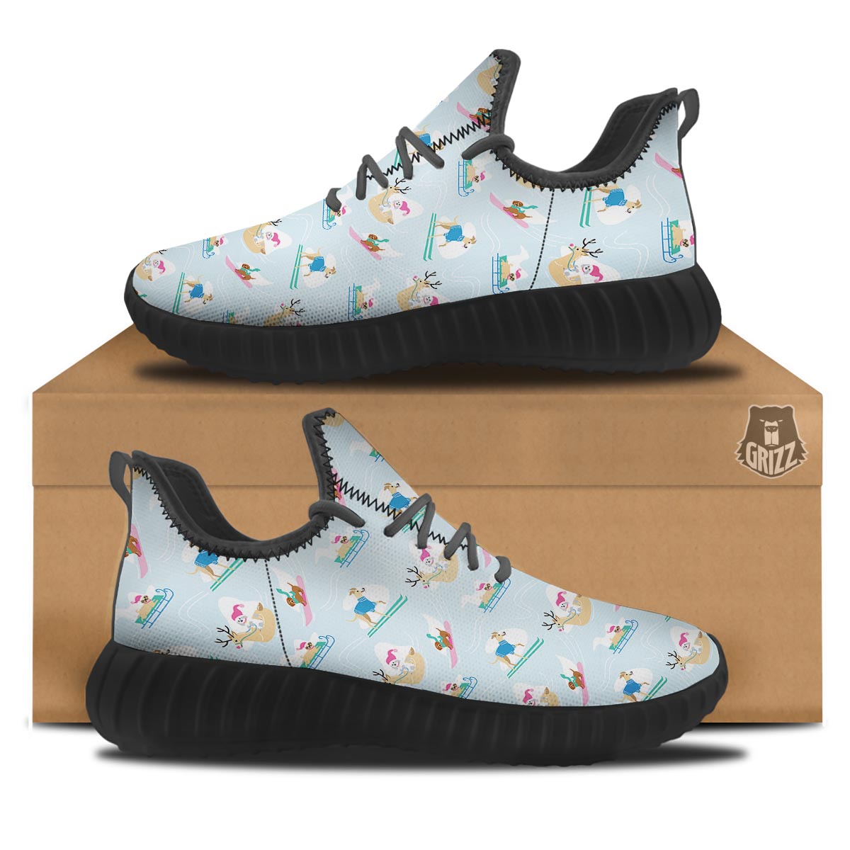Dog Skiing Print Pattern Black Walking Shoes-grizzshop