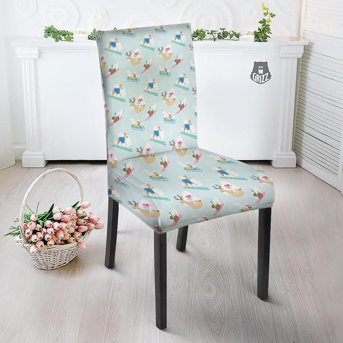 Dog Skiing Print Pattern Dining Chair Slipcover-grizzshop