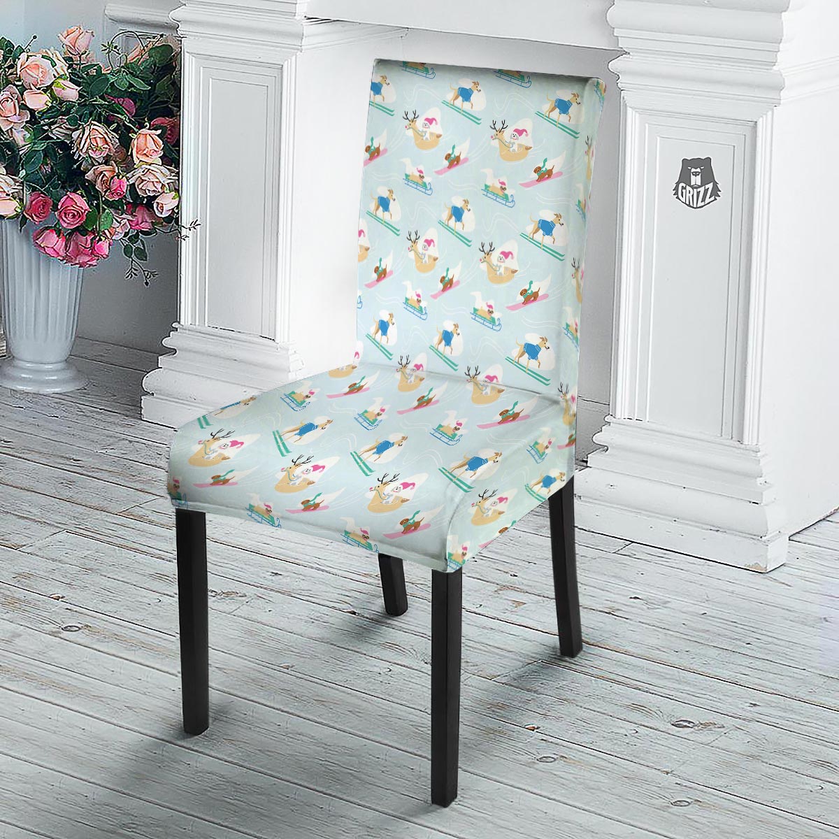 Dog Skiing Print Pattern Dining Chair Slipcover-grizzshop