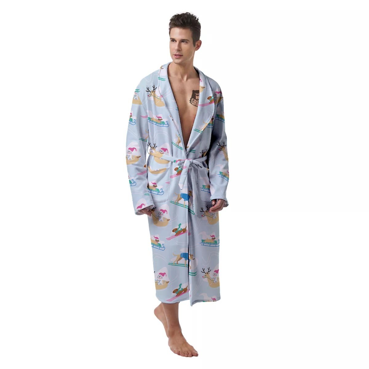 Dog Skiing Print Pattern Men's Robe-grizzshop