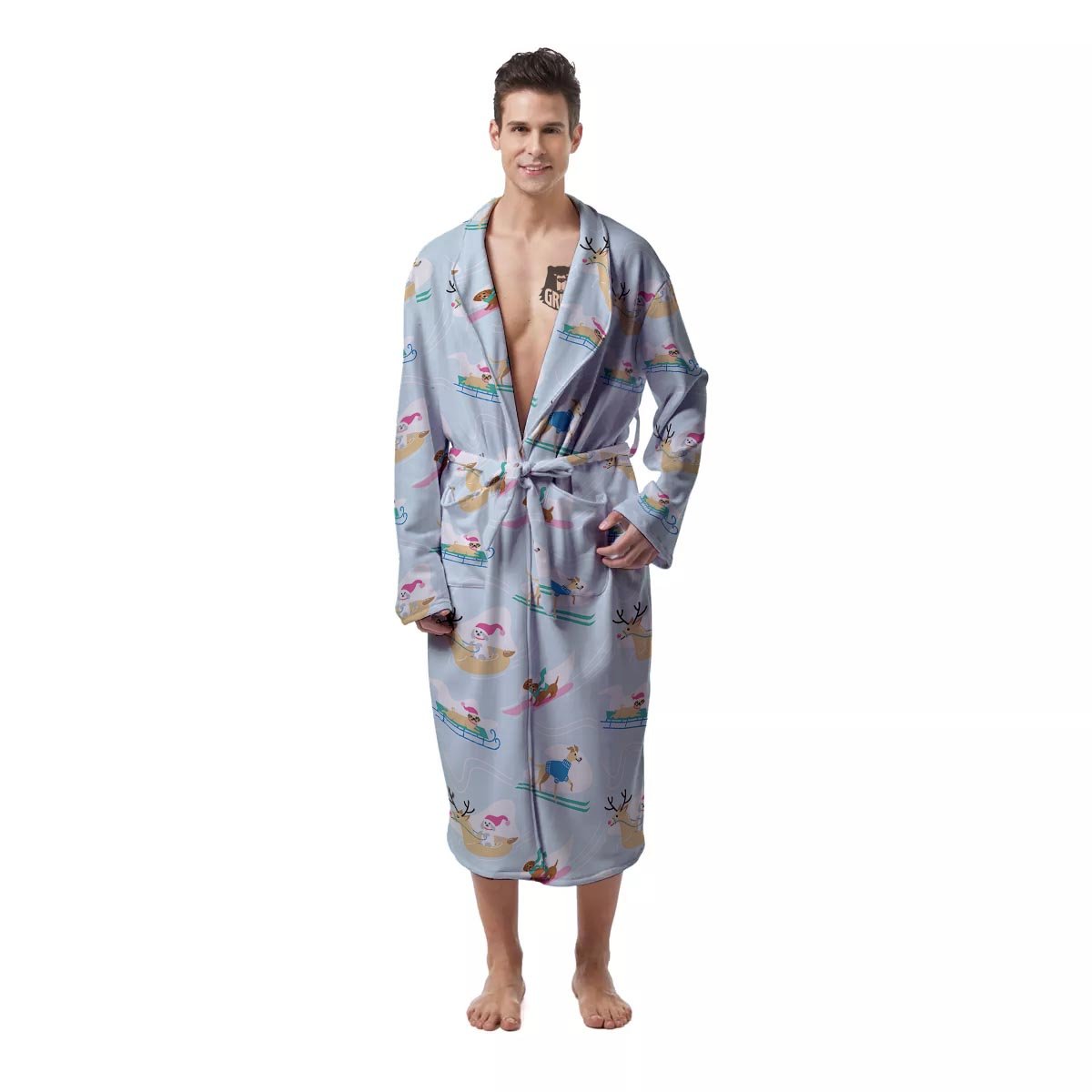 Dog Skiing Print Pattern Men's Robe-grizzshop