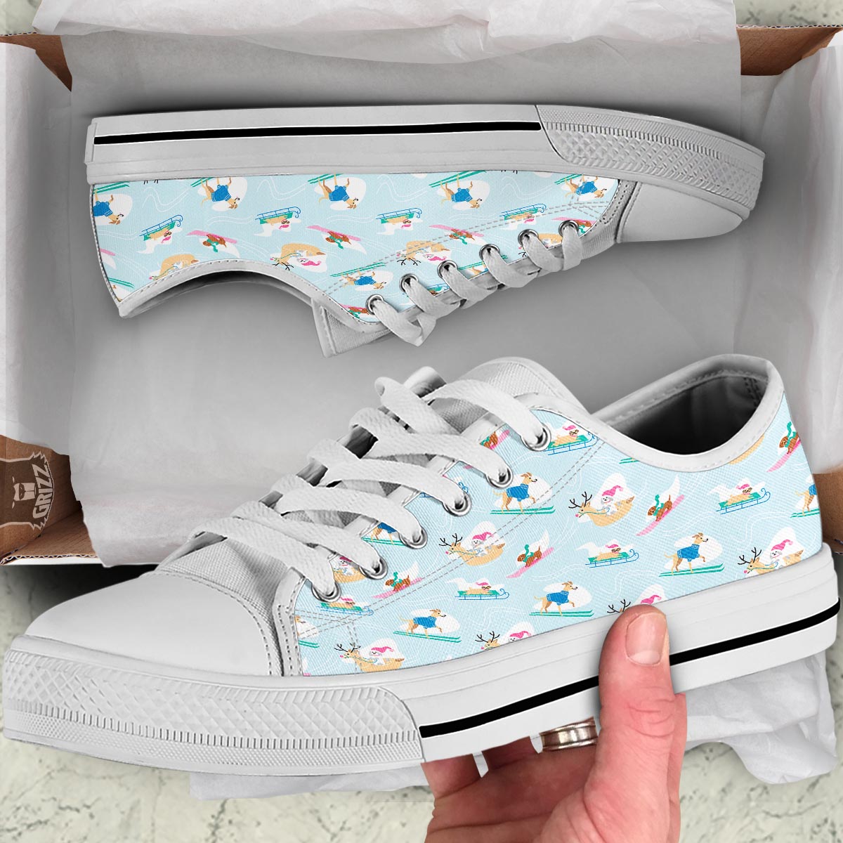 Dog Skiing Print Pattern White Low Top Shoes-grizzshop