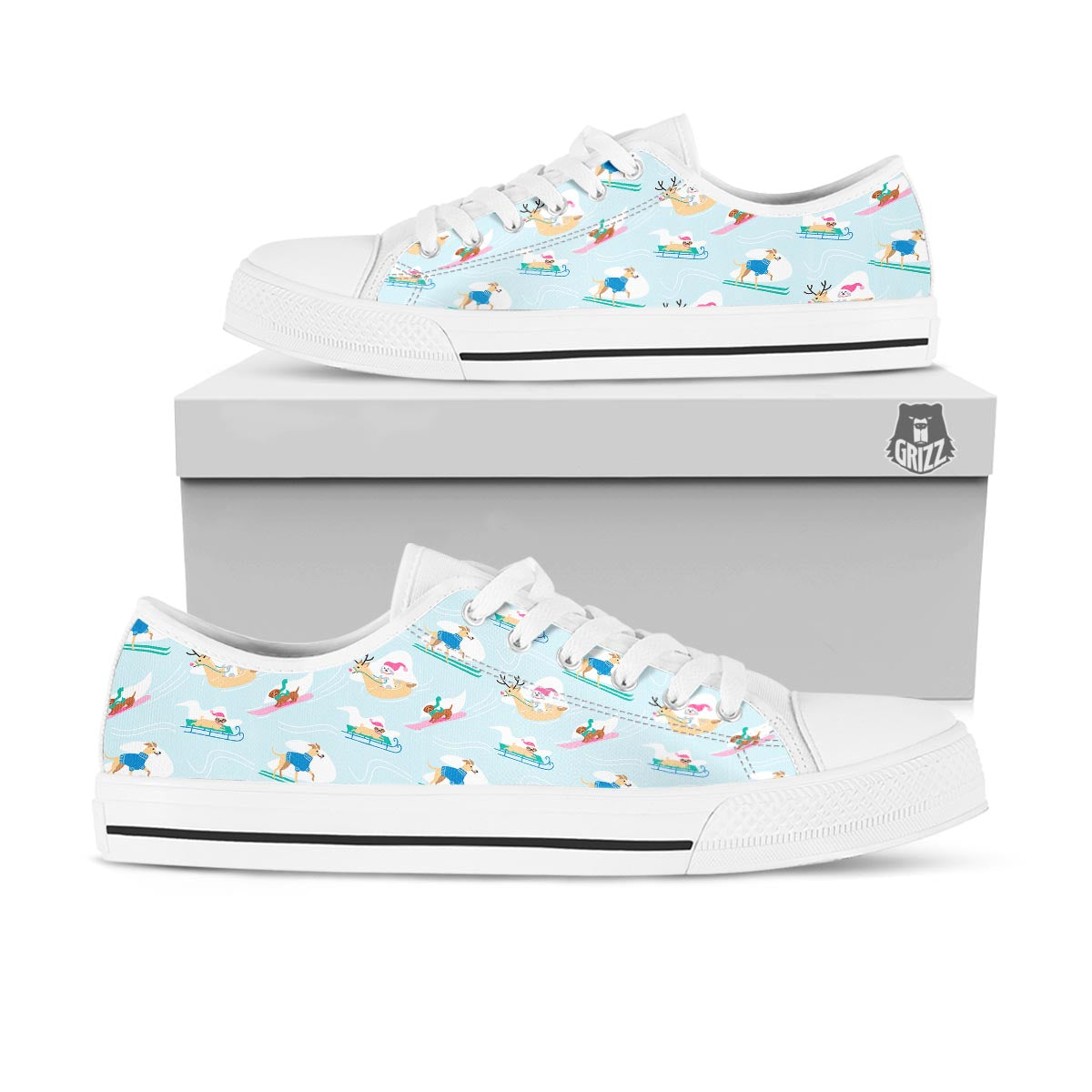 Dog Skiing Print Pattern White Low Top Shoes-grizzshop