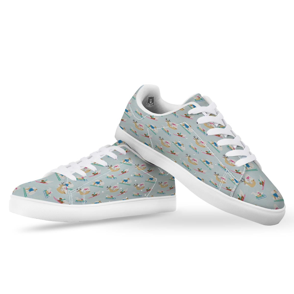 Dog Skiing Print Pattern White Low Top Sneakers-grizzshop
