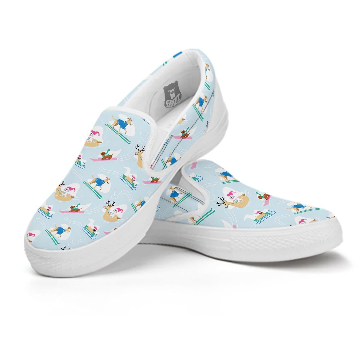 Dog Skiing Print Pattern White Slip On Shoes-grizzshop