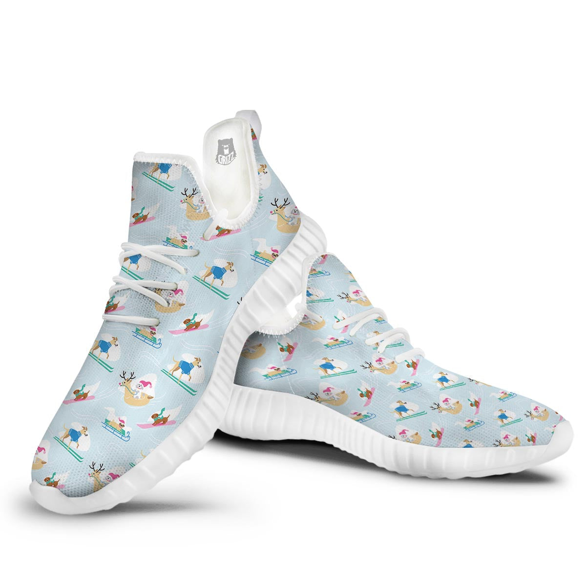 Dog Skiing Print Pattern White Walking Shoes-grizzshop