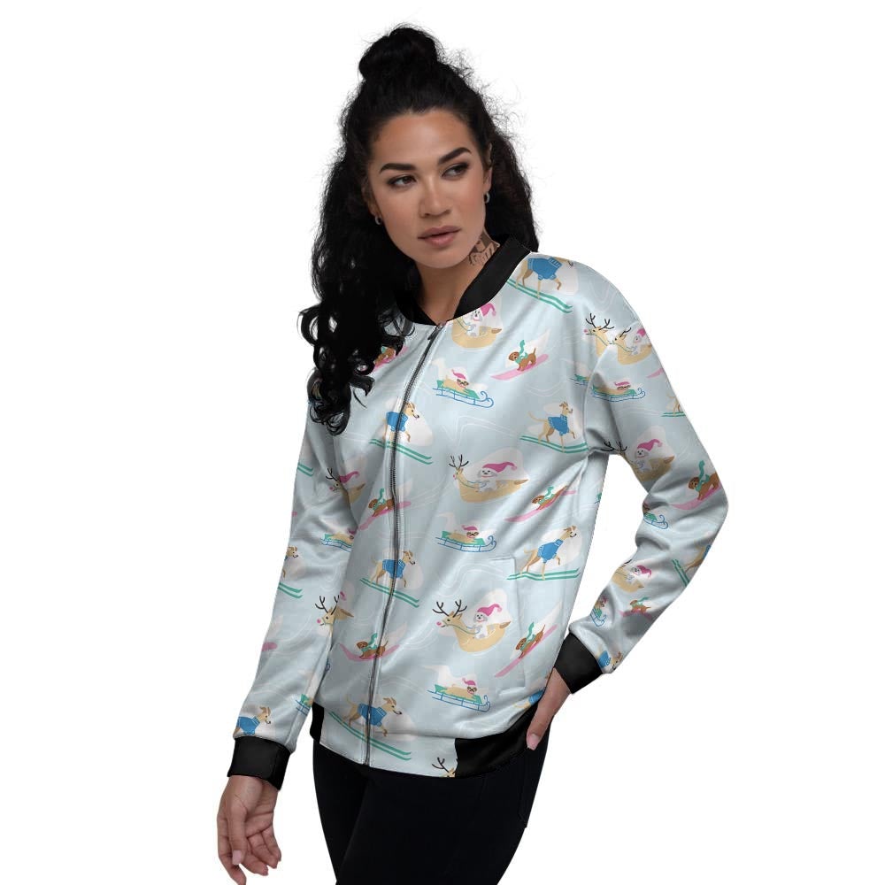 Dog Skiing Print Pattern Women's Bomber Jacket-grizzshop