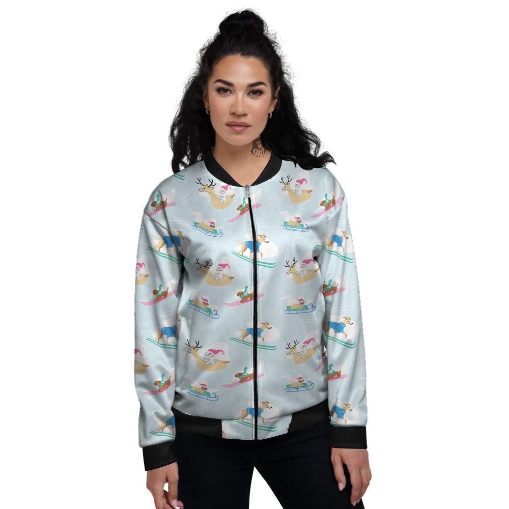 Dog Skiing Print Pattern Women's Bomber Jacket-grizzshop