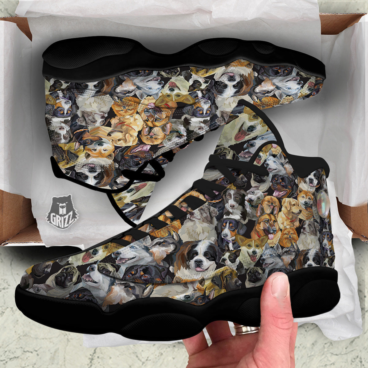 Dogs Breeds Watercolor Print Pattern Black Basketball Shoes-grizzshop