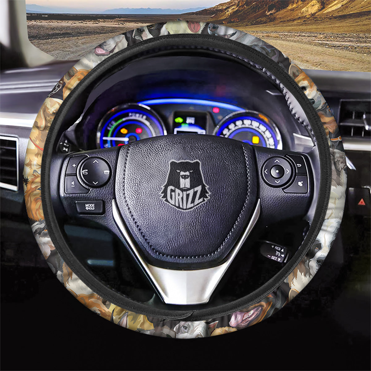 Dogs Breeds Watercolor Print Pattern Car Steering Wheel Cover-grizzshop