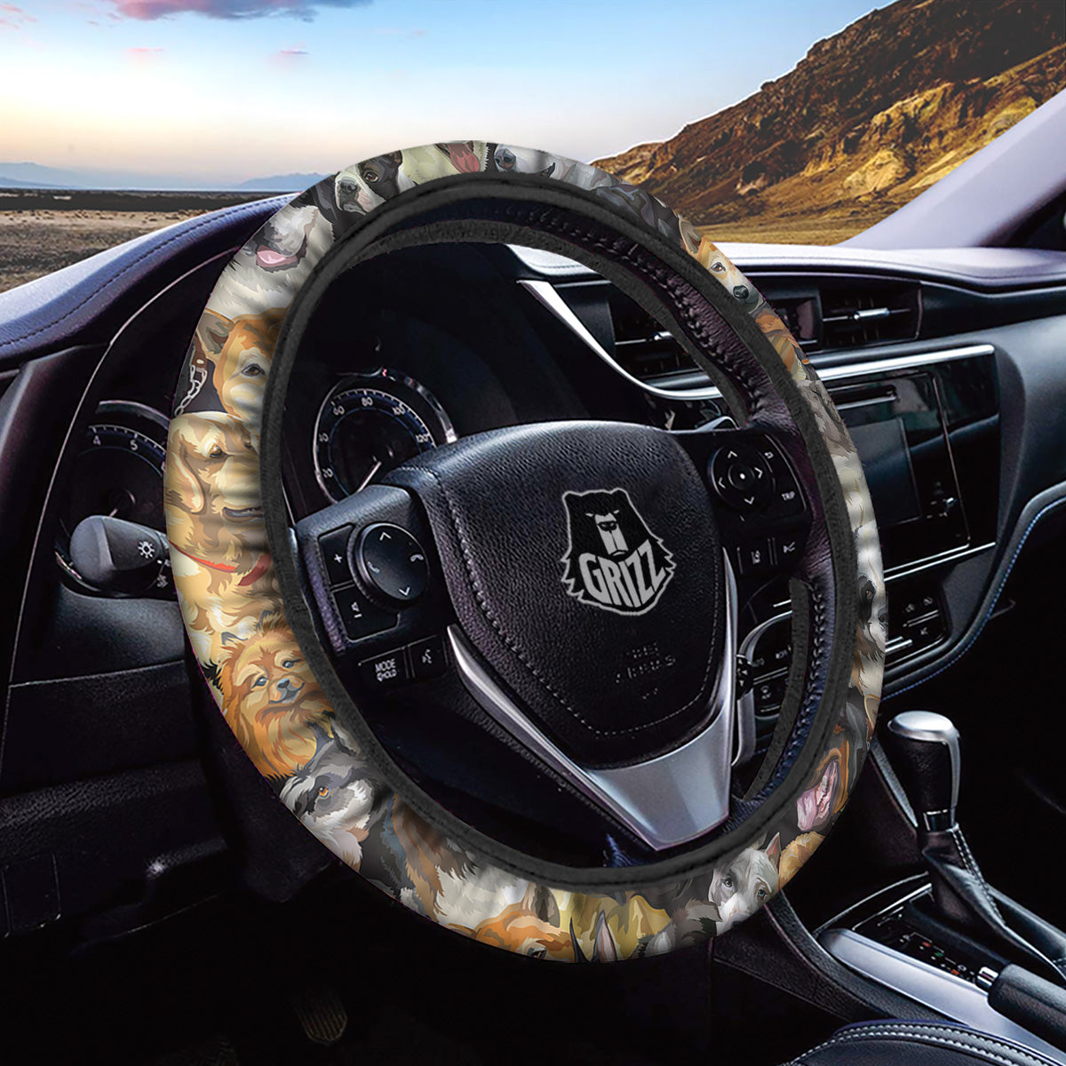 Dogs Breeds Watercolor Print Pattern Car Steering Wheel Cover-grizzshop