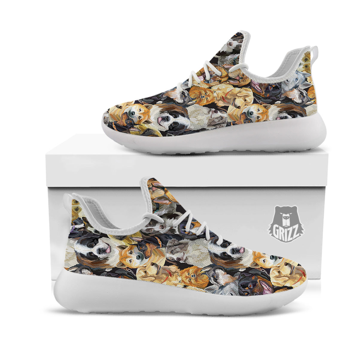 Dogs Breeds Watercolor Print Pattern White Athletic Shoes-grizzshop