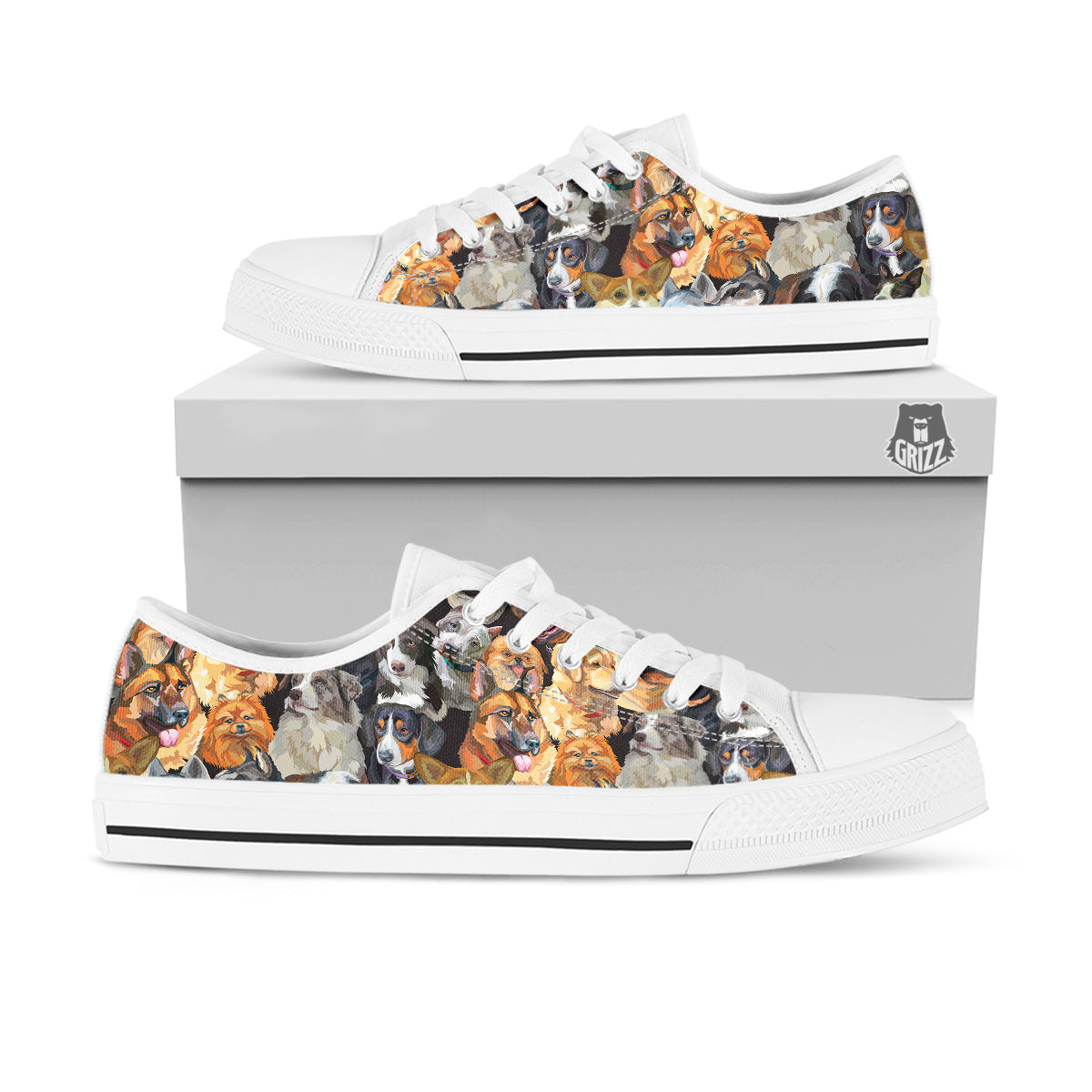 Dogs Breeds Watercolor Print Pattern White Low Top Shoes-grizzshop