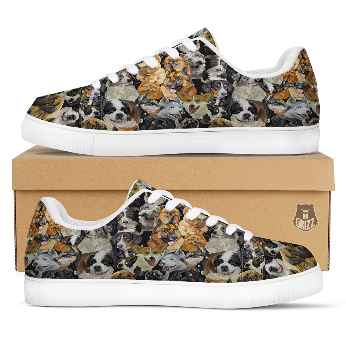 Dogs Breeds Watercolor Print Pattern White Low Top Sneakers-grizzshop