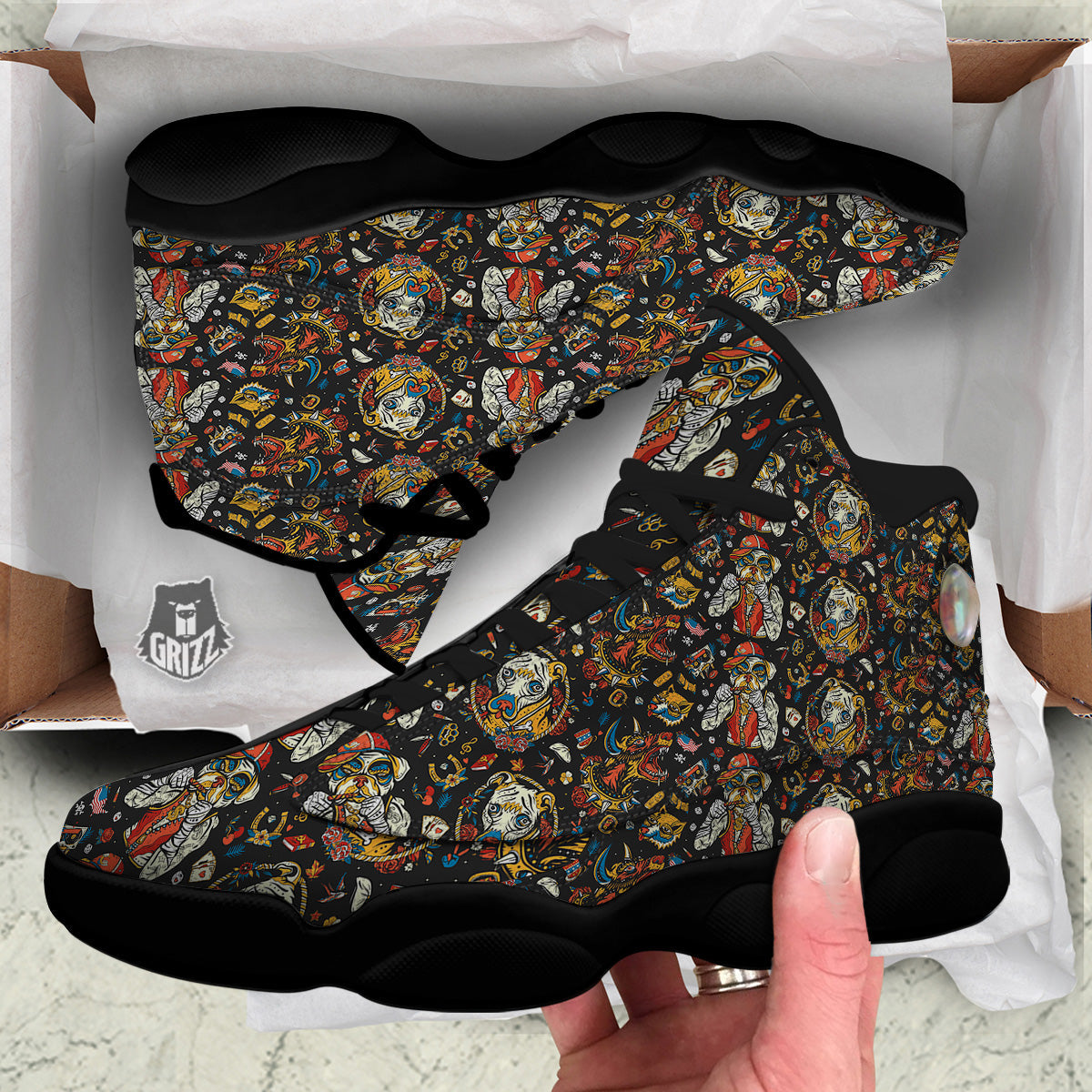 Dogs Old School Tattoo Print Pattern Black Basketball Shoes-grizzshop