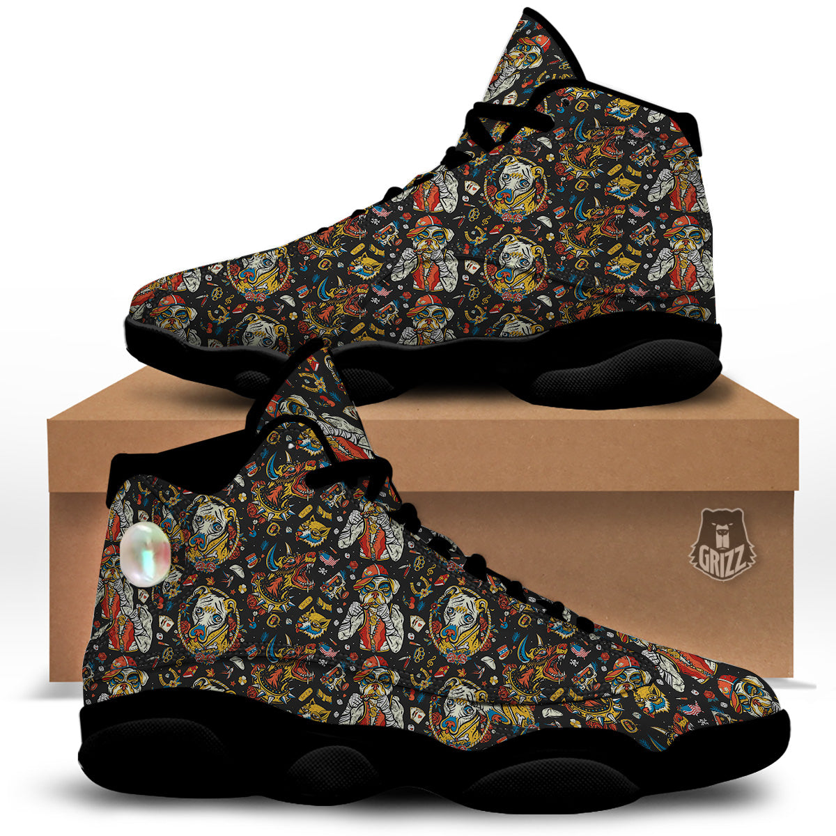 Dogs Old School Tattoo Print Pattern Black Basketball Shoes-grizzshop