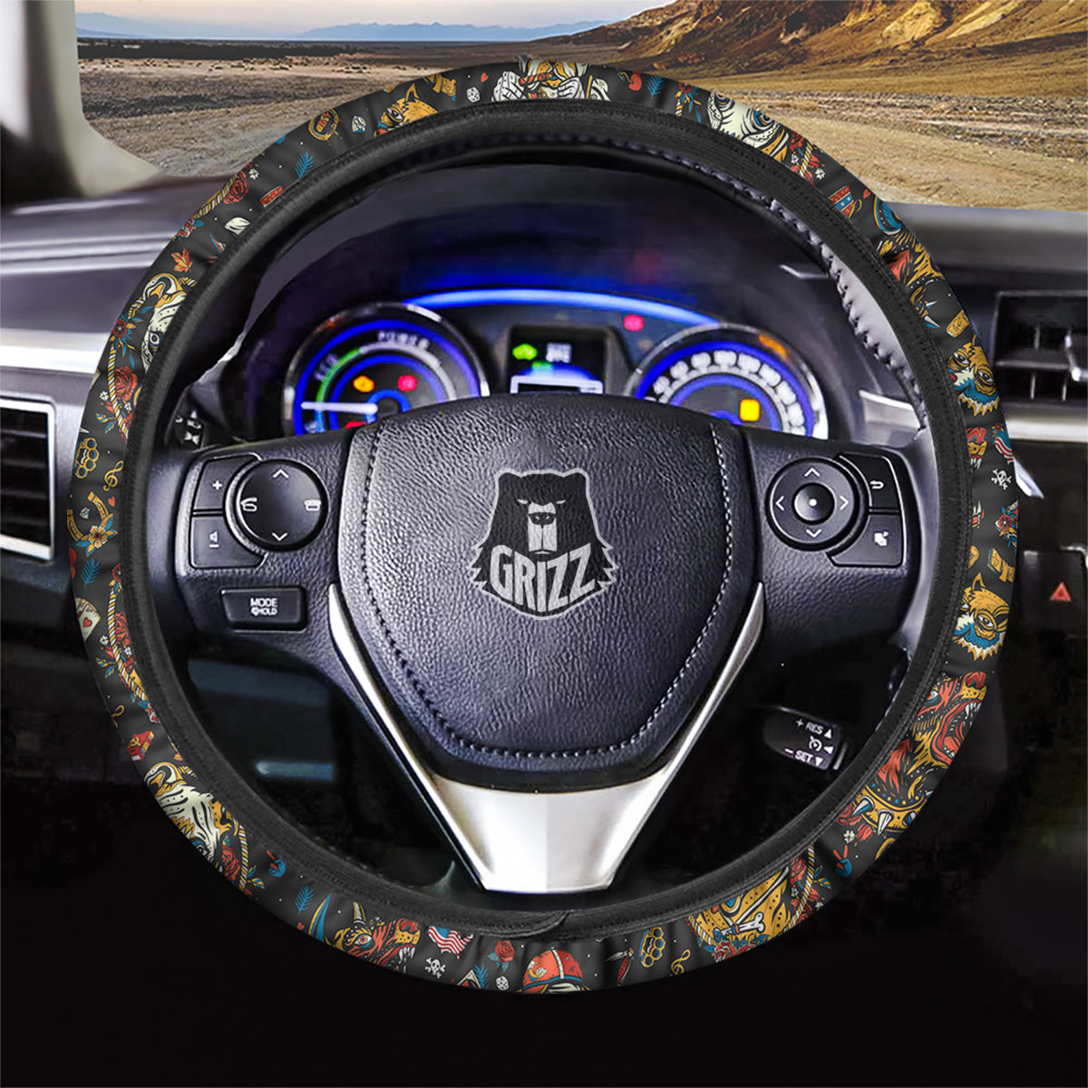 Dogs Old School Tattoo Print Pattern Car Steering Wheel Cover-grizzshop