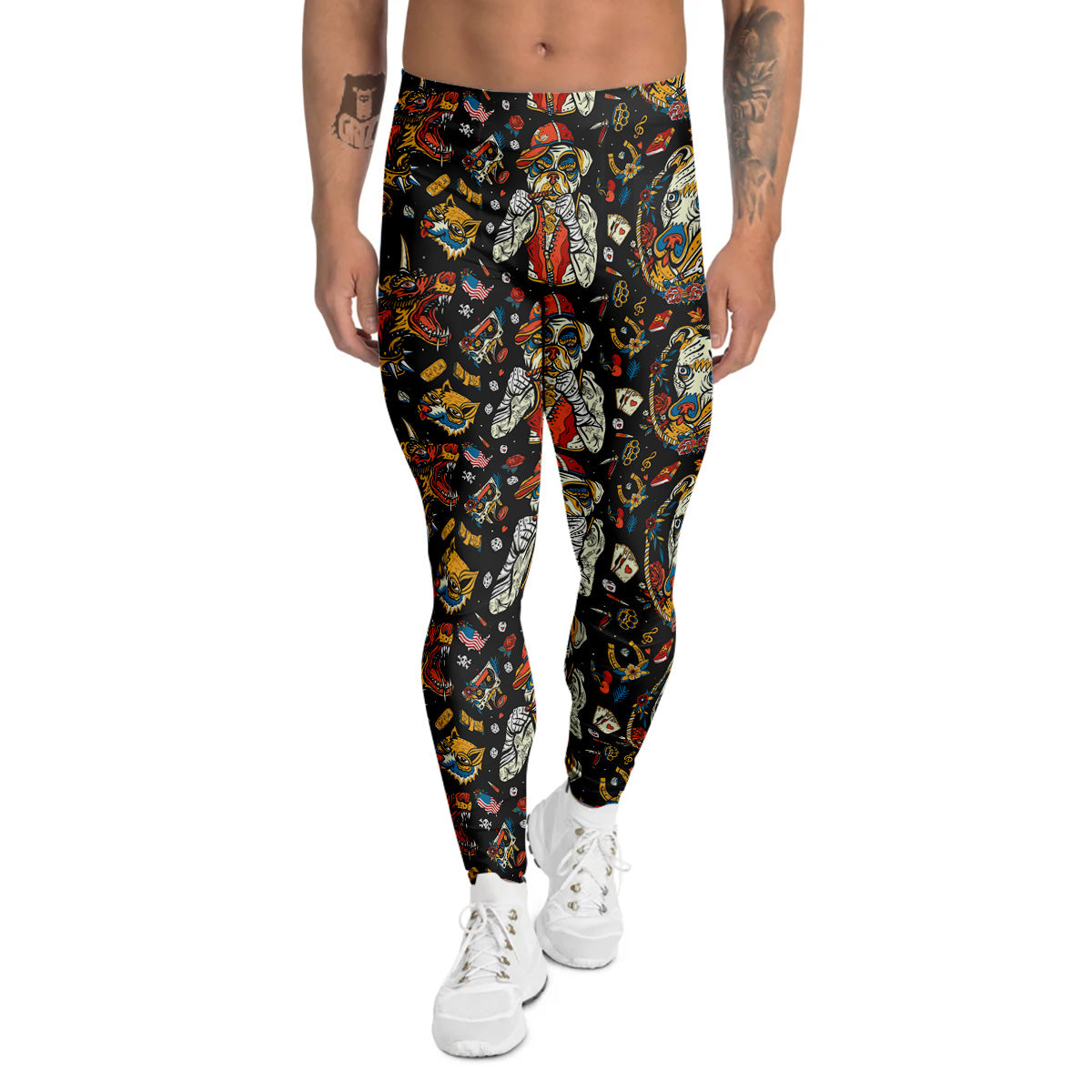 Dogs Old School Tattoo Print Pattern Men's Leggings-grizzshop