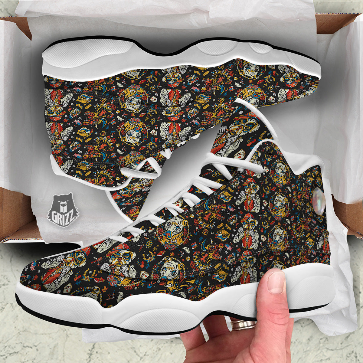Dogs Old School Tattoo Print Pattern White Basketball Shoes-grizzshop