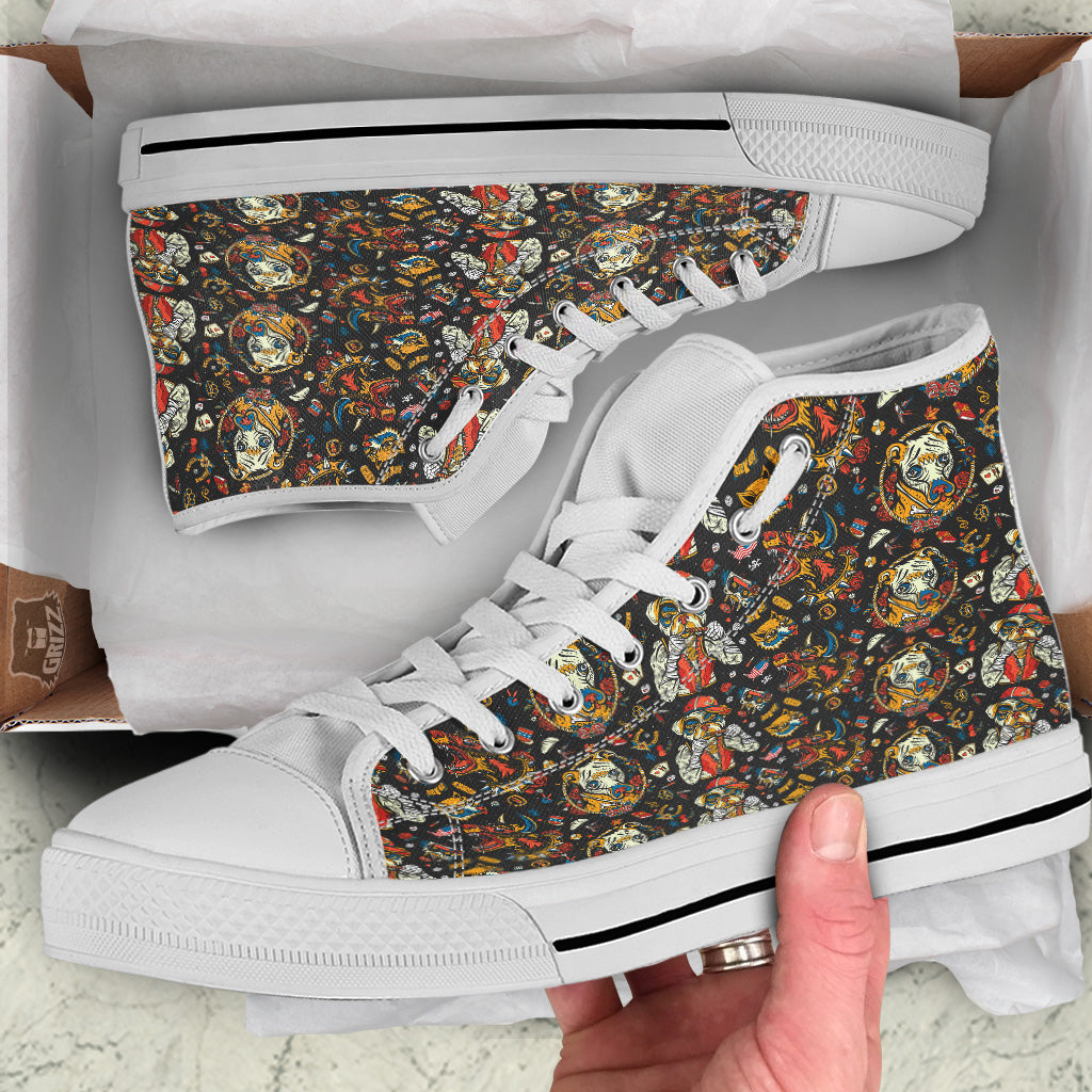 Dogs Old School Tattoo Print Pattern White High Top Shoes-grizzshop