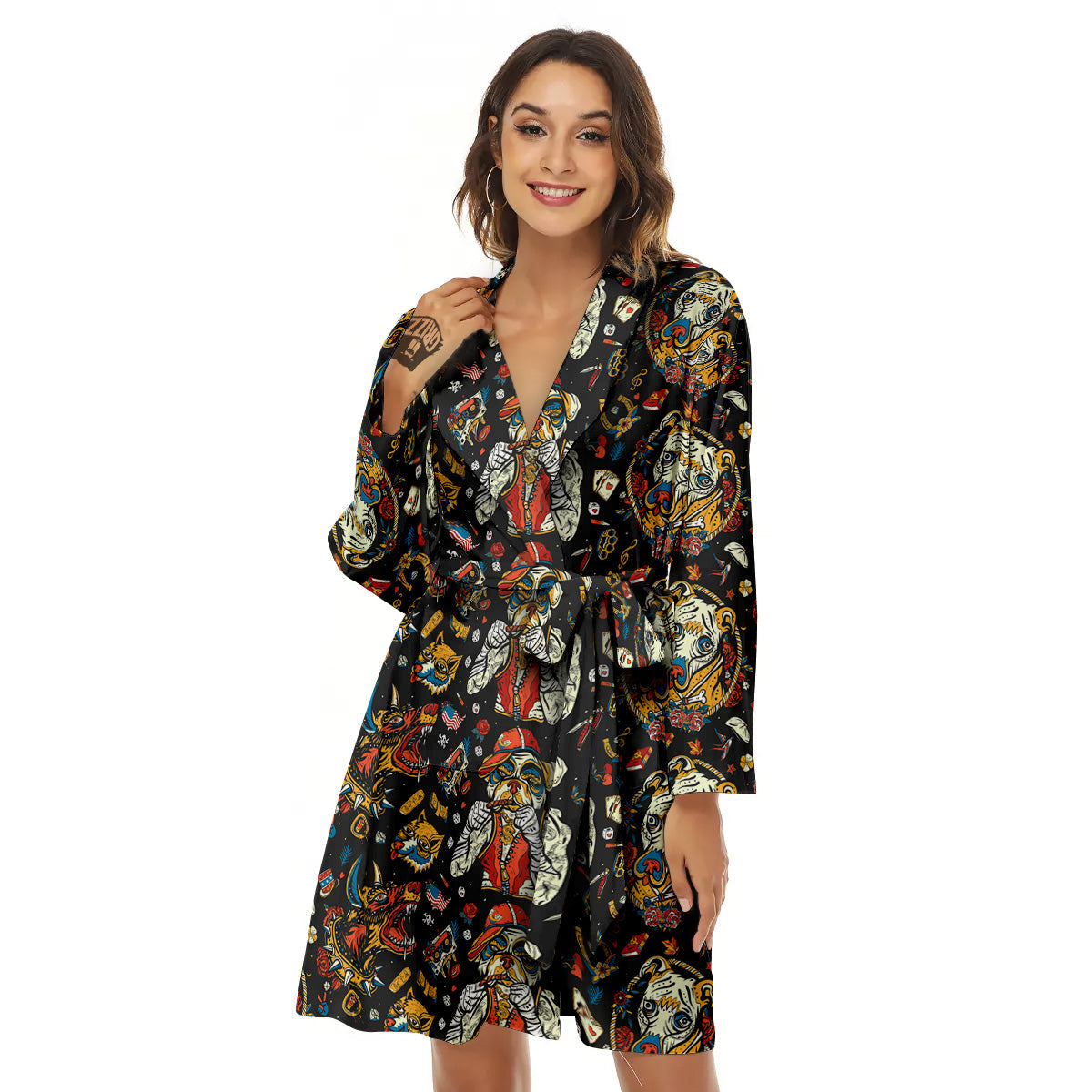 Dogs Old School Tattoo Print Pattern Women's Robe-grizzshop