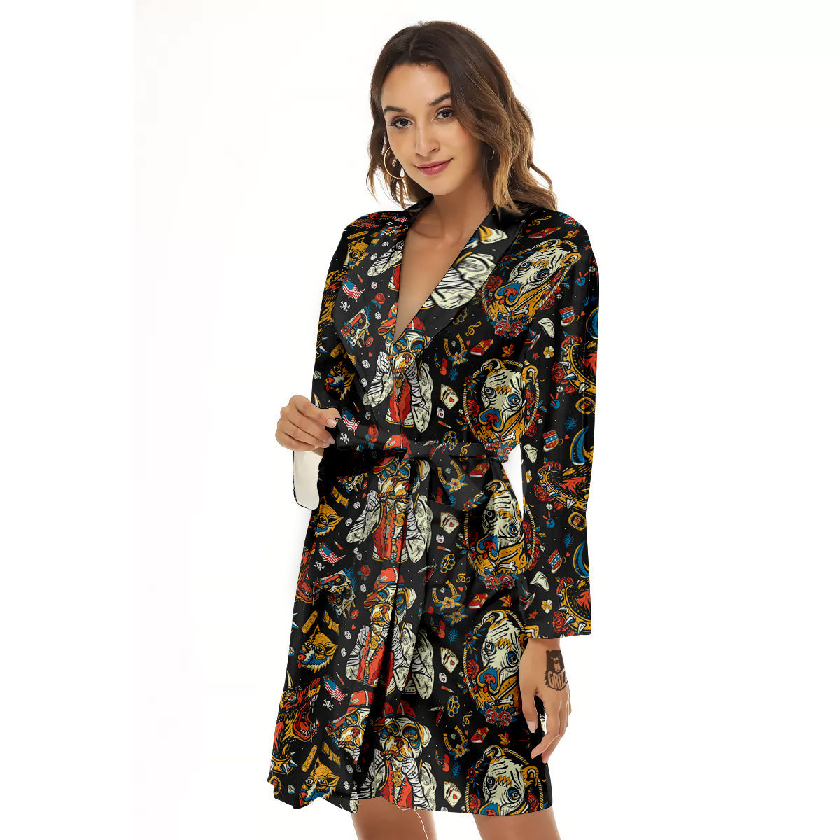 Dogs Old School Tattoo Print Pattern Women's Robe-grizzshop