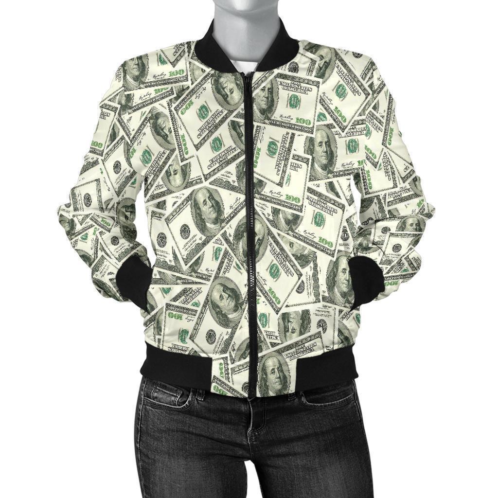 Dollar Money Pattern Print Women Casual Bomber Jacket-grizzshop