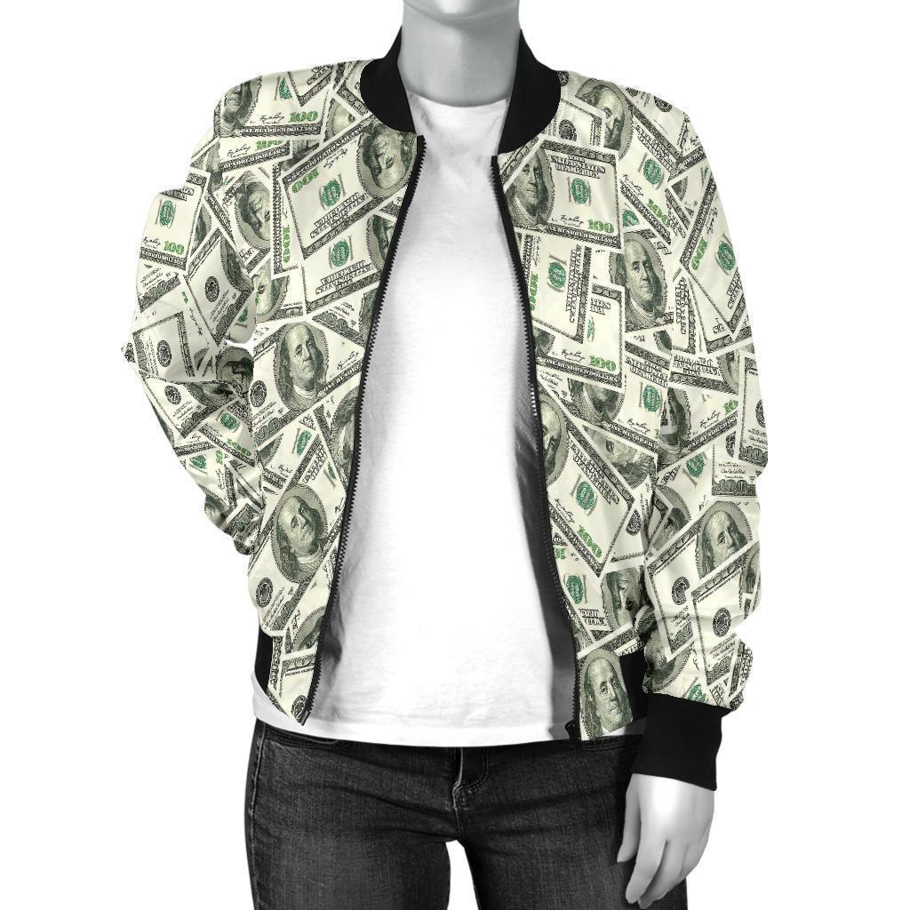 Dollar Money Pattern Print Women Casual Bomber Jacket-grizzshop