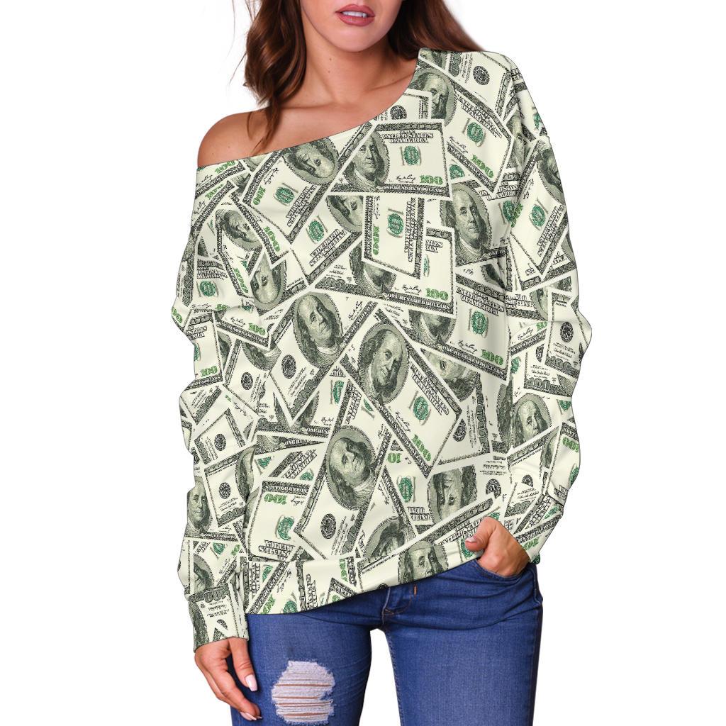 Dollar Money Pattern Print Women Off Shoulder Sweatshirt-grizzshop