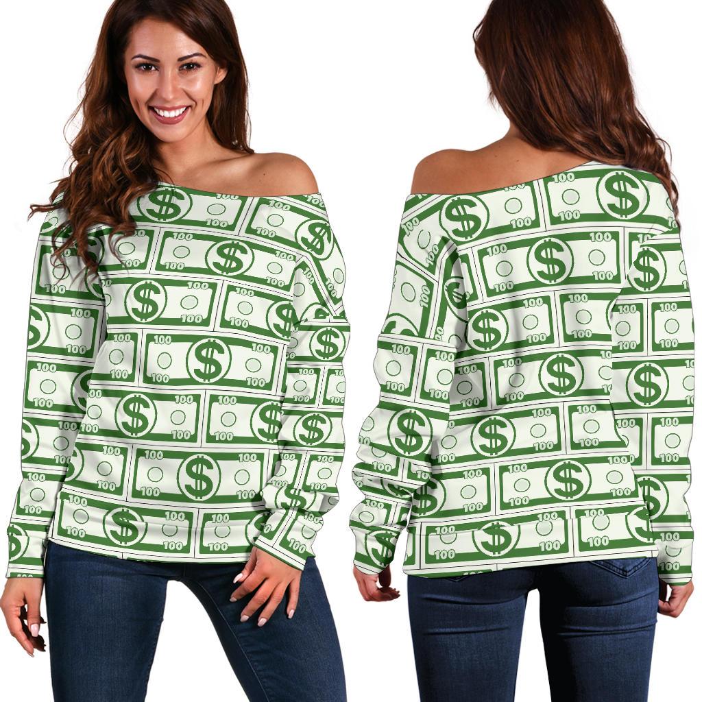 Dollar Money Print Pattern Women Off Shoulder Sweatshirt-grizzshop