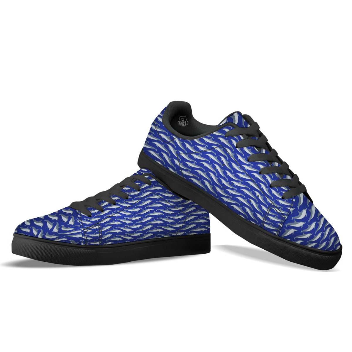 Dolphin And Waves Print Pattern Black Low Top Sneakers-grizzshop