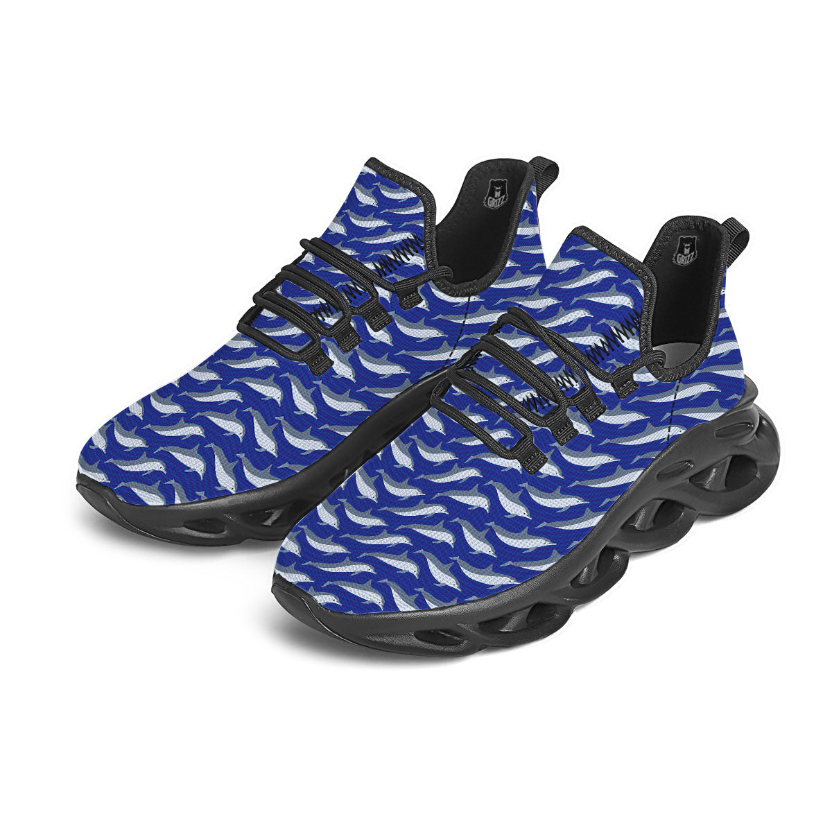 Dolphin And Waves Print Pattern Black Running Shoes-grizzshop
