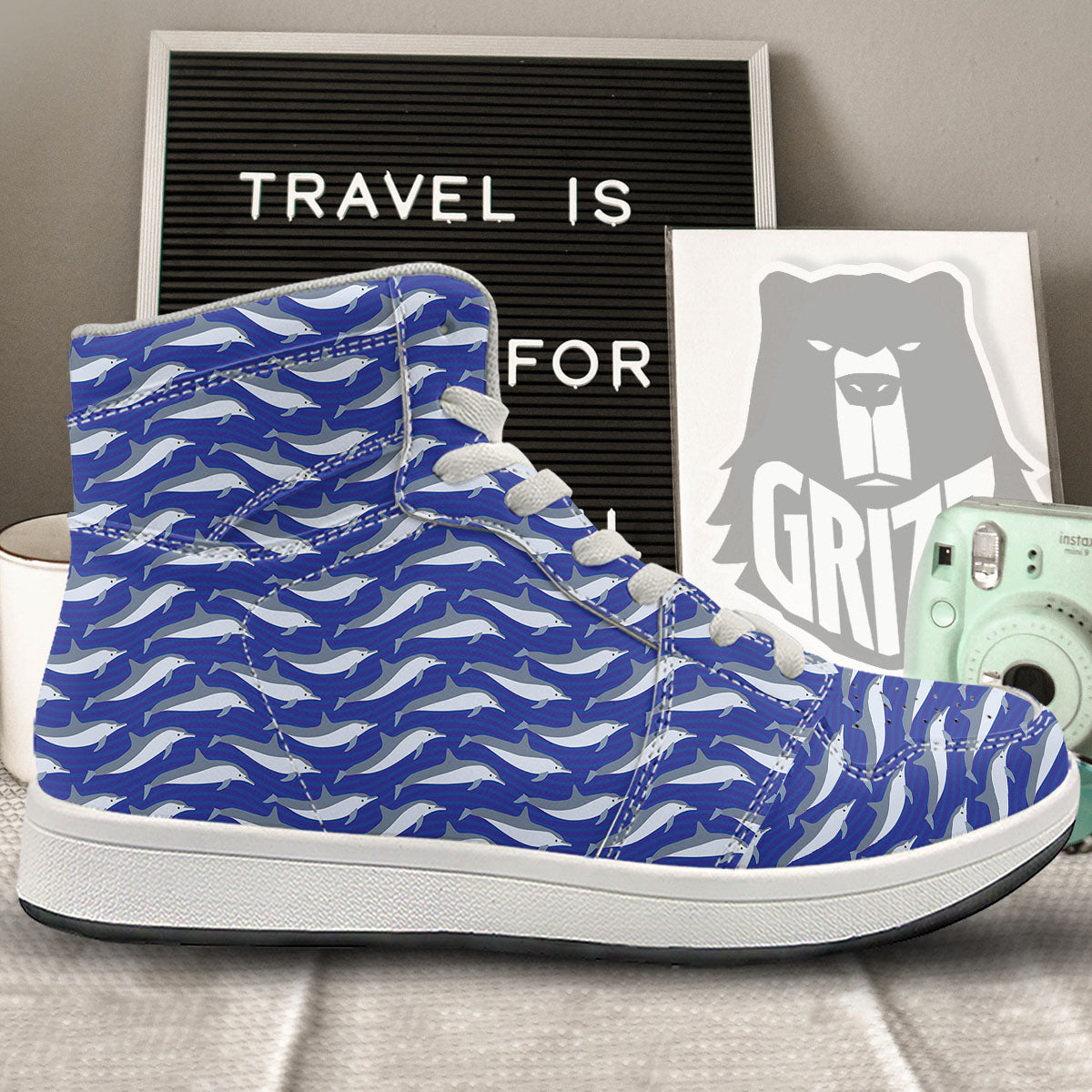 Dolphin And Waves Print Pattern High Top Sneakers-grizzshop