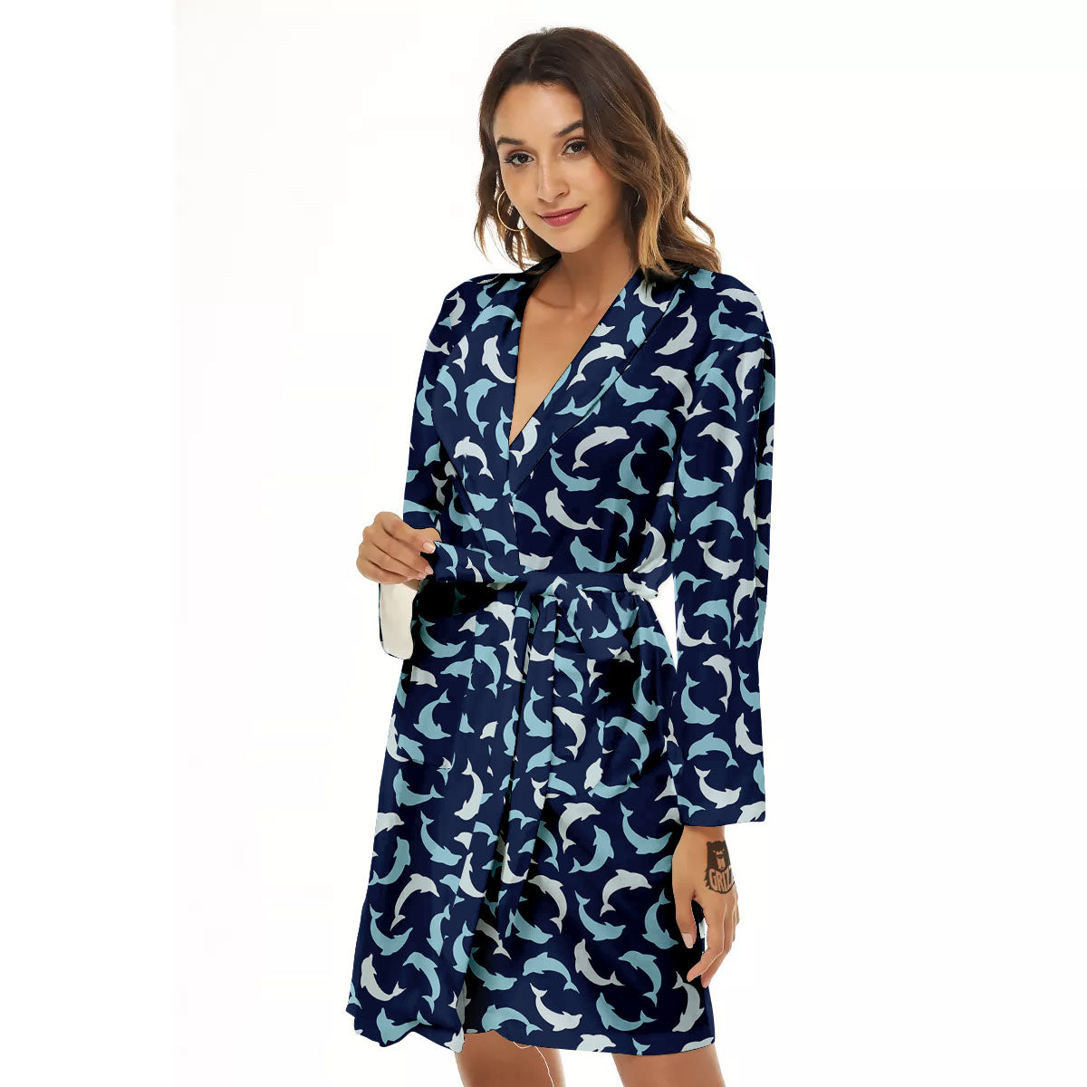 Dolphin Dark Blue Print Pattern Women's Robe-grizzshop